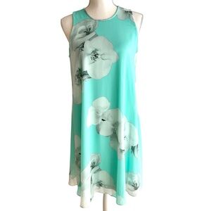 Calvin Klein Turquoise Blue and White Sleeveless Floral Print Shift Dress Size 8
